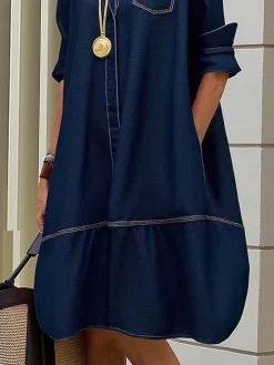 Urban Plain Shirt Collar Knee Length Denim Dress
