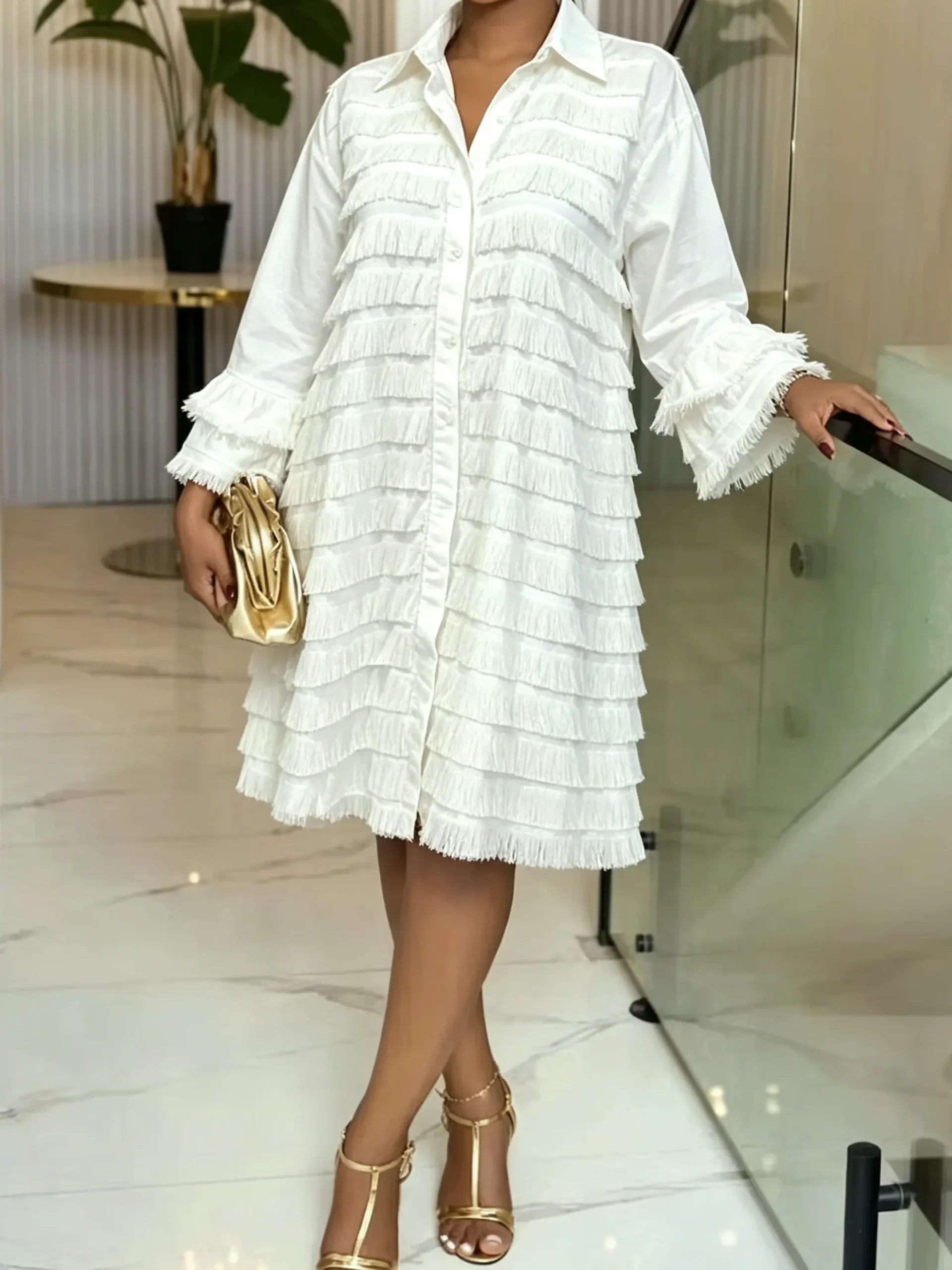 Urban Plain Shirt Collar Midi Dress