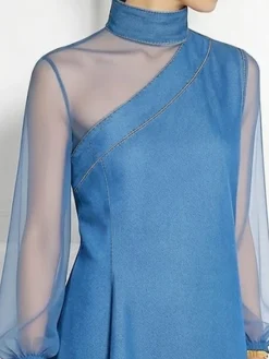 Urban Plain Split Joint Mock Neck Denim Top
