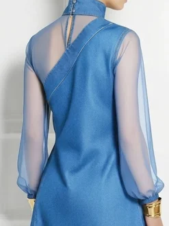 Urban Plain Split Joint Mock Neck Denim Top