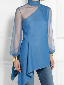 Urban Plain Split Joint Mock Neck Denim Top