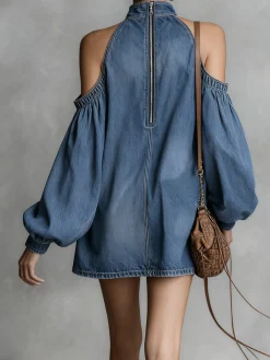 Urban Plain Stand Collar Mini Denim Dress