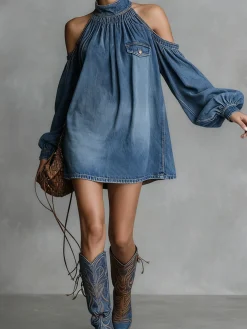 Urban Plain Stand Collar Mini Denim Dress