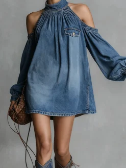 Urban Plain Stand Collar Mini Denim Dress