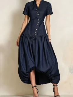 Urban Plain Stand Collar Soft Tencel Denim Maxi Dress