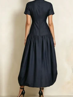 Urban Plain Stand Collar Soft Tencel Denim Maxi Dress