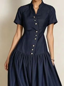 Urban Plain Stand Collar Soft Tencel Denim Maxi Dress