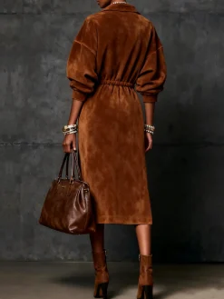 Urban Plain Suede Zipper Midi Dress
