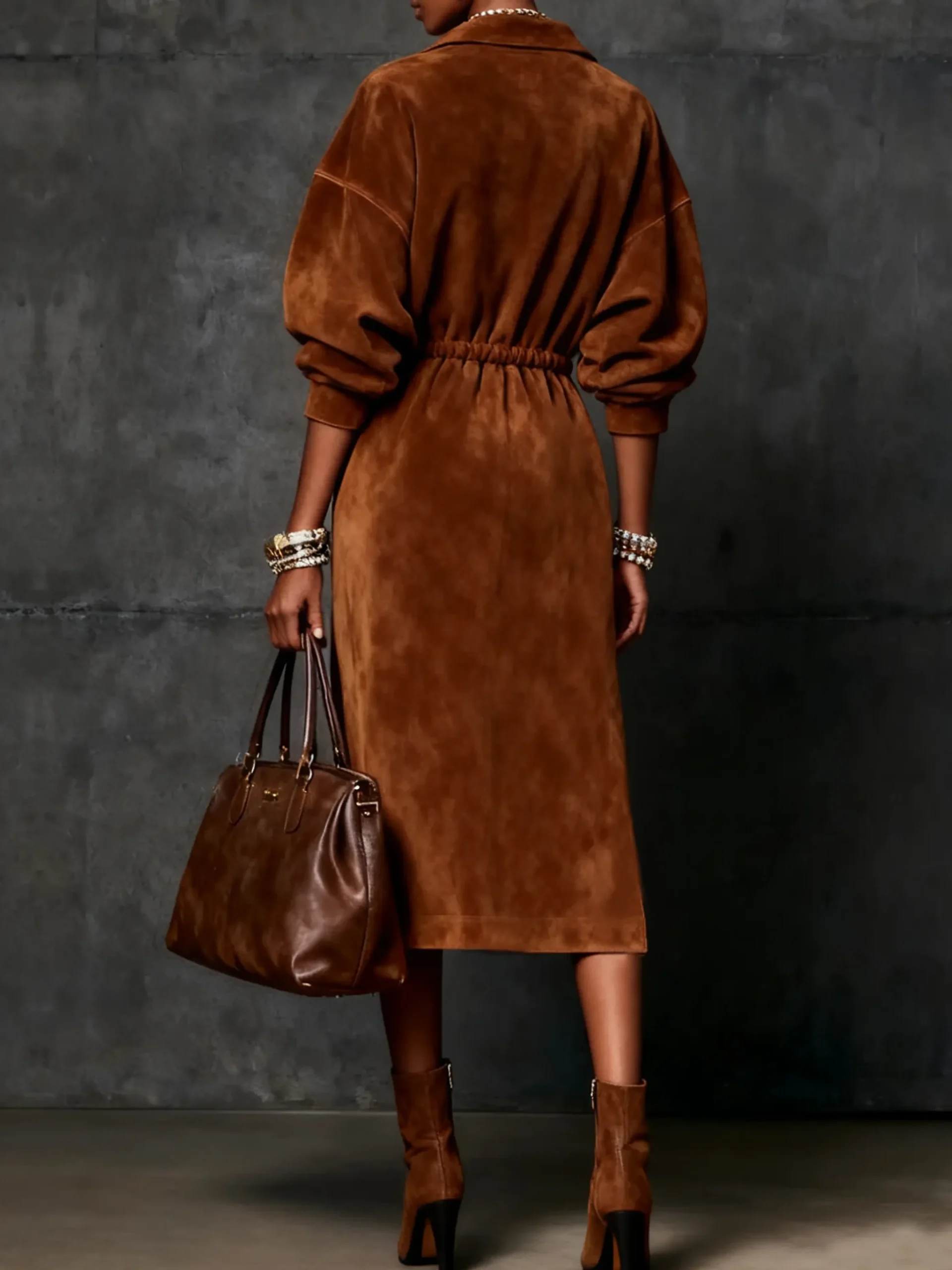 Urban Plain Suede Zipper Midi Dress
