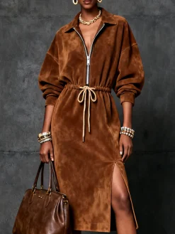 Urban Plain Suede Zipper Midi Dress