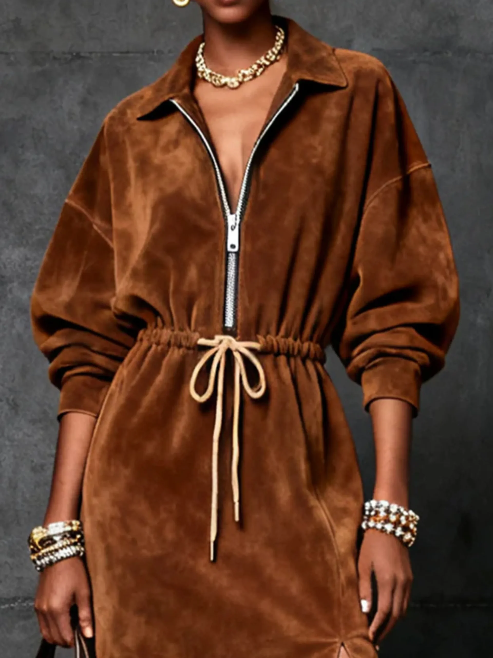 Urban Plain Suede Zipper Midi Dress
