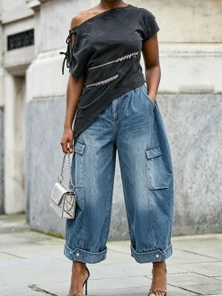 Urban Plain Zipper Asymmetrical Blouse