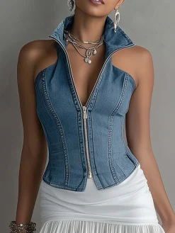 Urban Plain Zipper Shawl Collar Denim Top