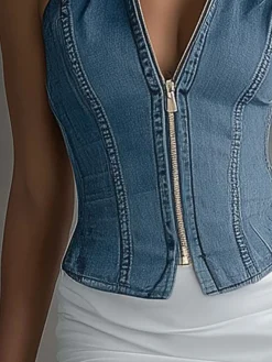 Urban Plain Zipper Shawl Collar Denim Top