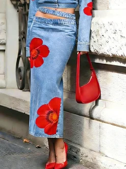 Urban Printing Floral Midi Denim Skirt