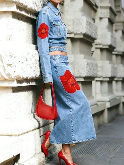 Urban Printing Floral Midi Denim Skirt
