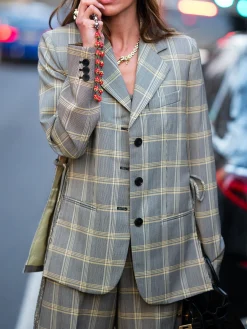 Urban Printing Plaid Lapel Collar Blazer With Belt