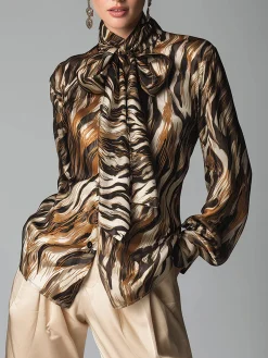 Urban Random Print Printing Stand Collar Blouse