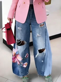 Urban Ripped Wide Leg Pants Loose H-Line Long Trousers for Daily