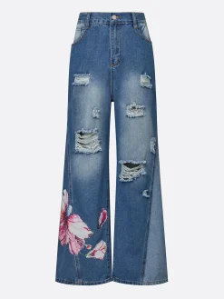 Urban Ripped Wide Leg Pants Loose H-Line Long Trousers for Daily
