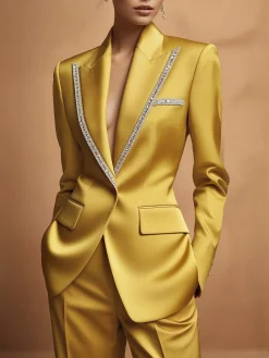 Urban Satin Piping Plain Lapel Collar Blazer