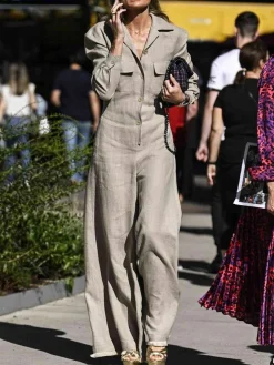 Urban Shawl Collar Long Sleeve Loose Linen Jumpsuit