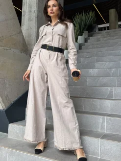 Urban Shawl Collar Long Sleeve Loose Linen Jumpsuit
