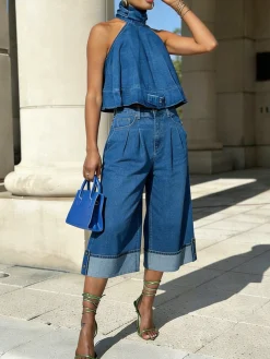 Urban Solid Relaxed Stand Collar Denim Top