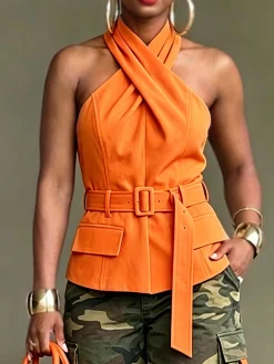 Urban Solid Tailored Cross Halter Neck Blouse