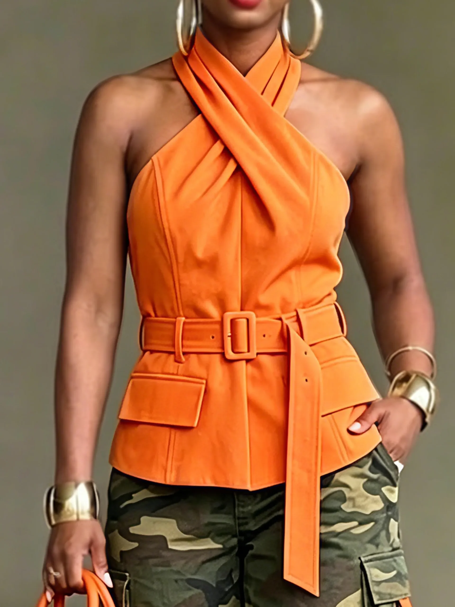 Urban Solid Tailored Cross Halter Neck Blouse