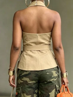 Urban Solid Tailored Cross Halter Neck Blouse