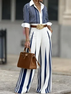 Urban Striped Blouse Shirt Collar Regular Fit Long Sleeve Commuting