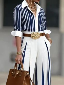 Urban Striped Blouse Shirt Collar Regular Fit Long Sleeve Commuting
