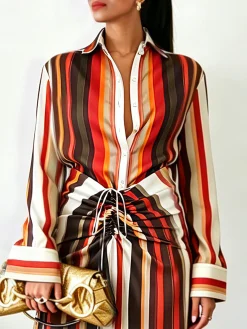 Urban Striped Buttoned Shirt Collar Shirt