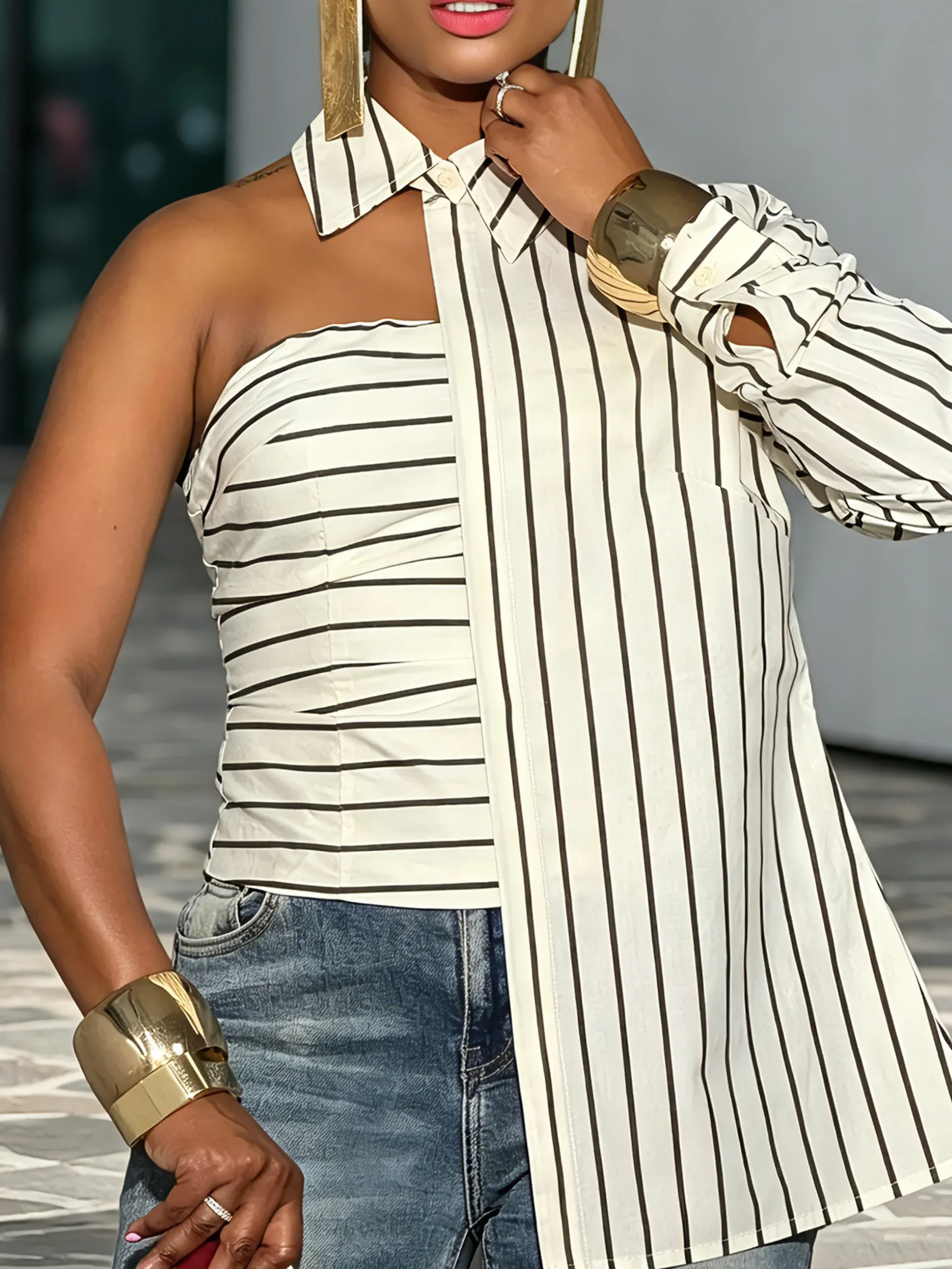 Urban Striped Irregular Craftsmanship One Shoulder Sleeve Blouse