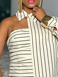 Urban Striped Irregular Craftsmanship One Shoulder Sleeve Blouse