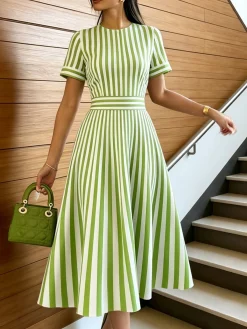Urban Striped Printing Crew Neck Midi Dress