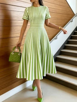 Urban Striped Printing Crew Neck Midi Dress