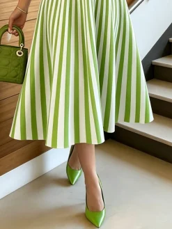 Urban Striped Printing Crew Neck Midi Dress