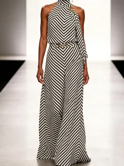 Urban Striped Printing Geometric Color Block Grommets Wide Leg Pants