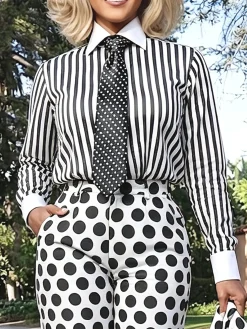 Urban Striped Printing Shirt Collar Shirt With Tie