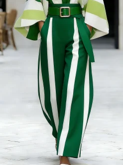 Urban Striped Printing Wide Leg Pants No Belt