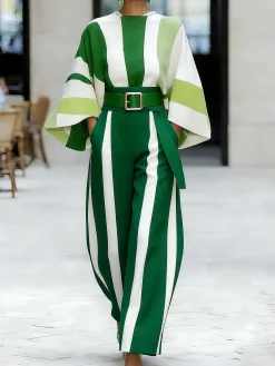 Urban Striped Printing Wide Leg Pants No Belt