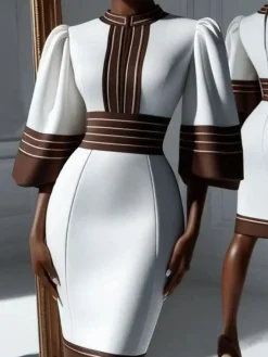 Urban Striped Puff Sleeve Printing Stand Collar Knee Length Dress