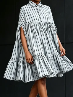 Urban Striped Shirt Collar Knee Length Dress