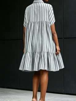 Urban Striped Shirt Collar Knee Length Dress