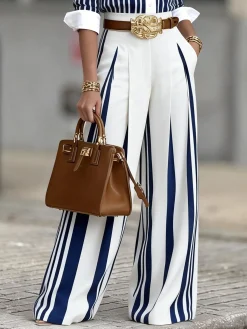 Urban Striped Straight Pants H-Line Natural Commuting Trousers