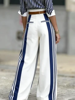 Urban Striped Straight Pants H-Line Natural Commuting Trousers
