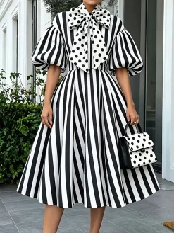Urban Stripe & Polka Dot Regular Fit Midi Dress for Gathering