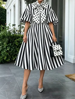 Urban Stripe & Polka Dot Regular Fit Midi Dress for Gathering